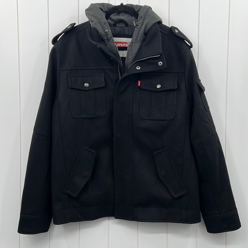 Levi’s Wool Double Zip Hooded Coat Black Gray Quilted W/Pockets Cinch Hood Large